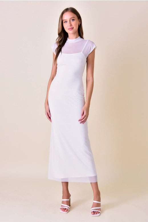 Chic Mock Neck Cap Sleeve Maxi Dress - Ivory