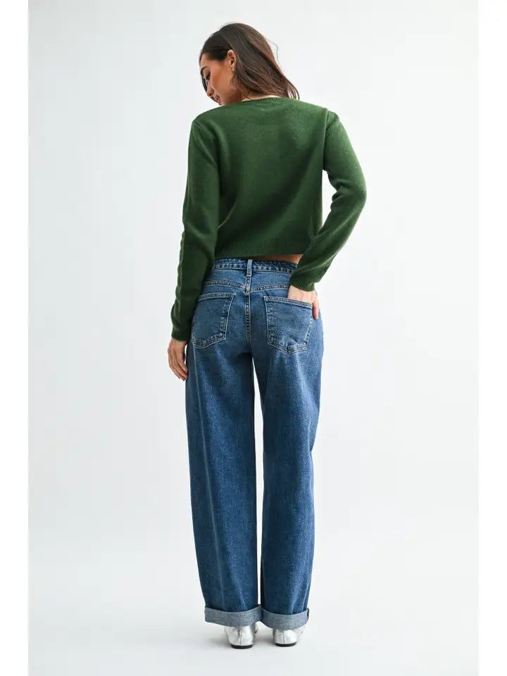 Mid Rise Cuffed Barrel Jean - Dark Denim