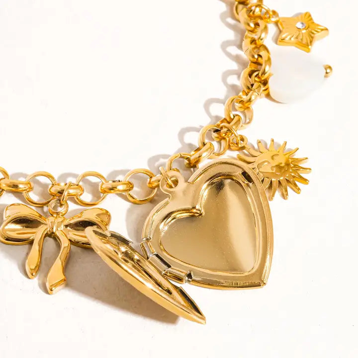 Eydn 18K Gold Non-Tarnish Heart Locket Charm Bracelet - Yellow Gold