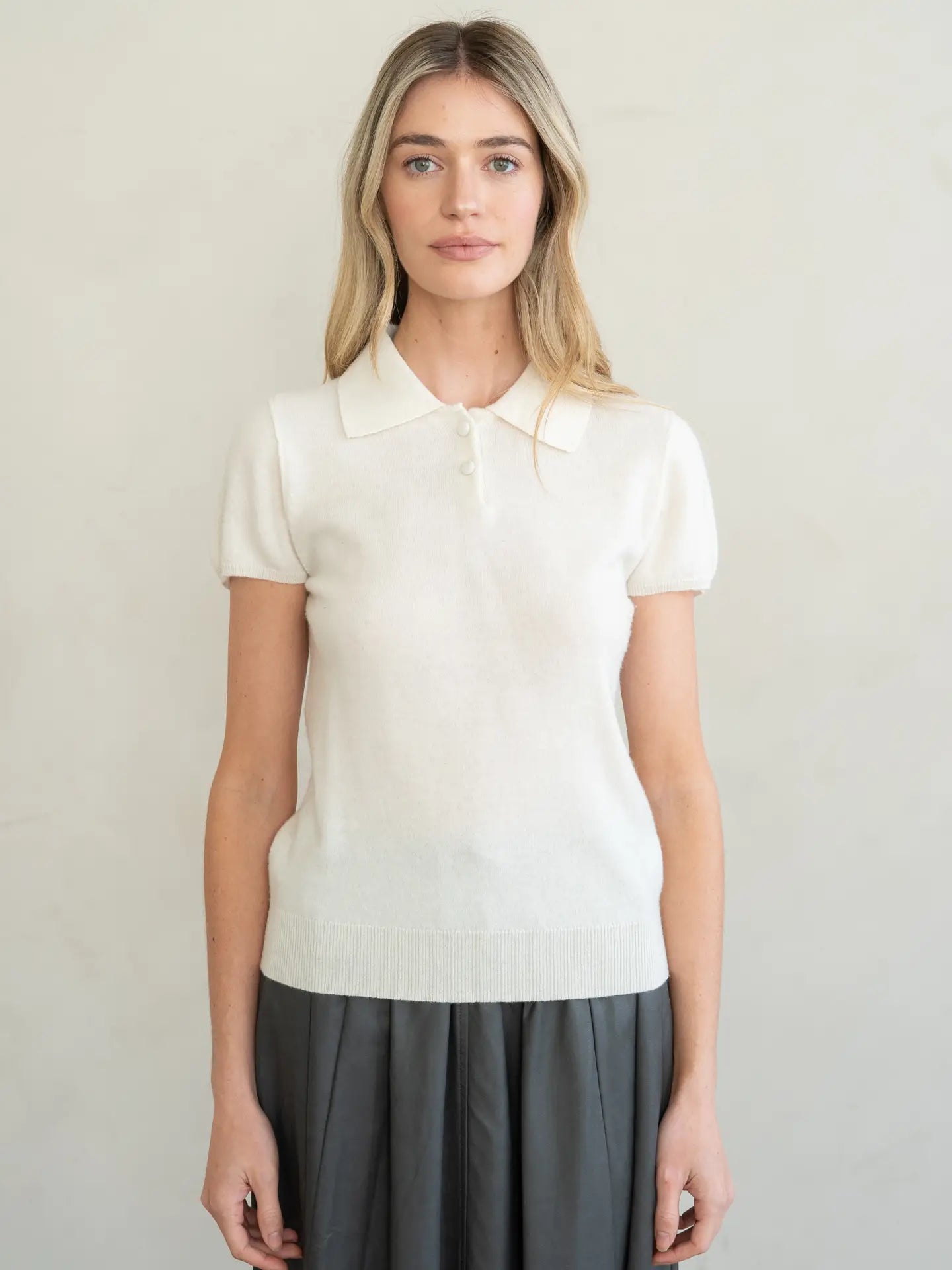 Refined Cap Sleeve Polo Sweater Top - Ivory