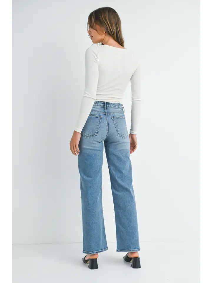 High Rise Full Length Straight Jean - Medium Denim