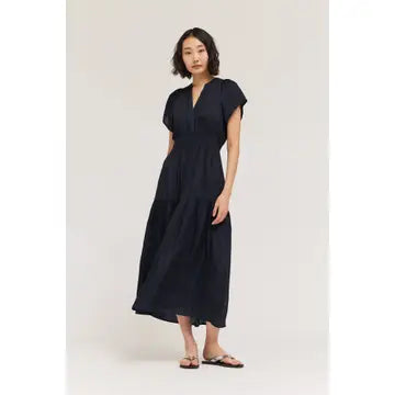 Grade + Gather - Ruffle Satin Midi Dress - Midnight