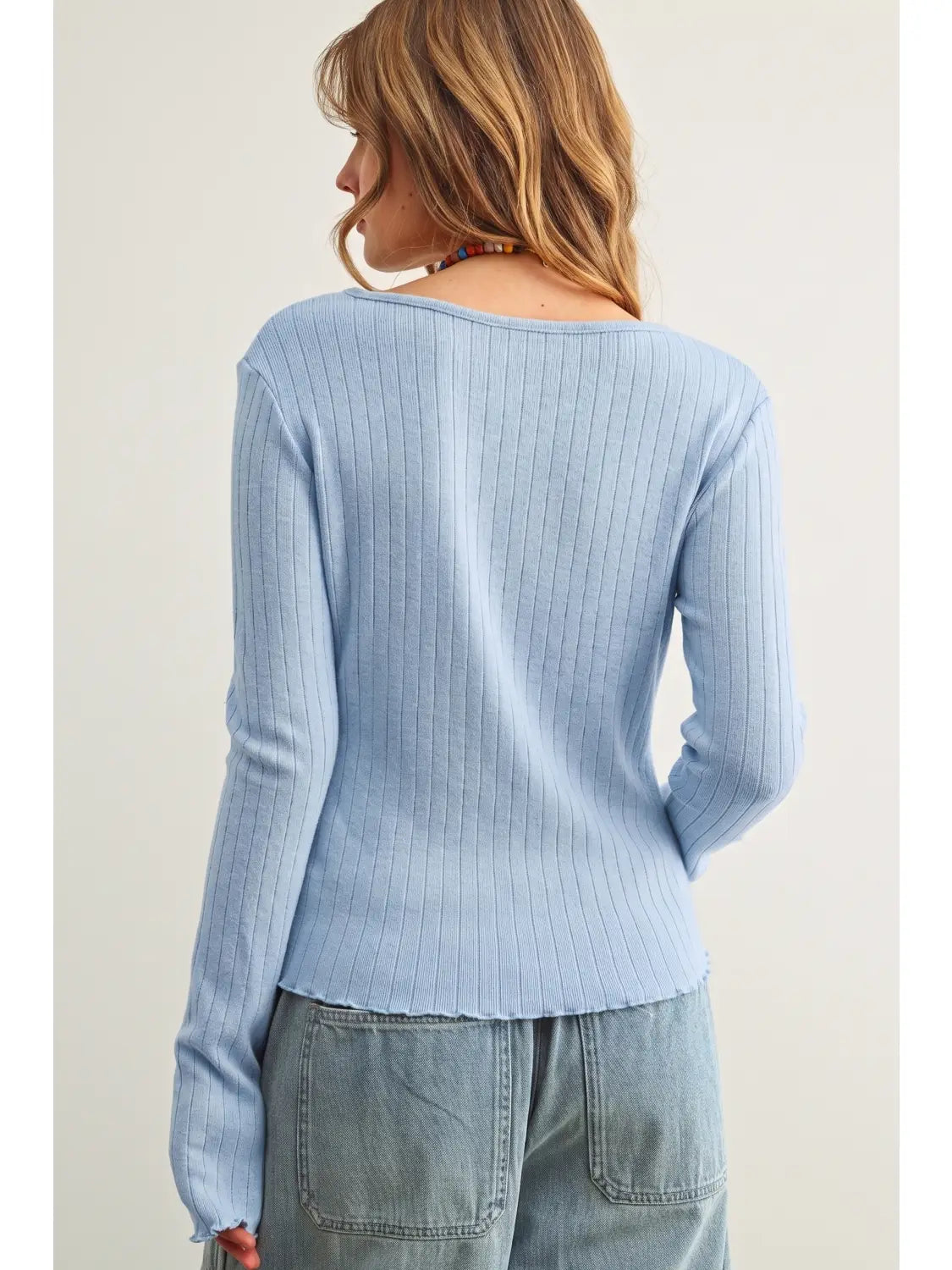 Button Front Ribbed Long Sleeve Knitted Top - Blue