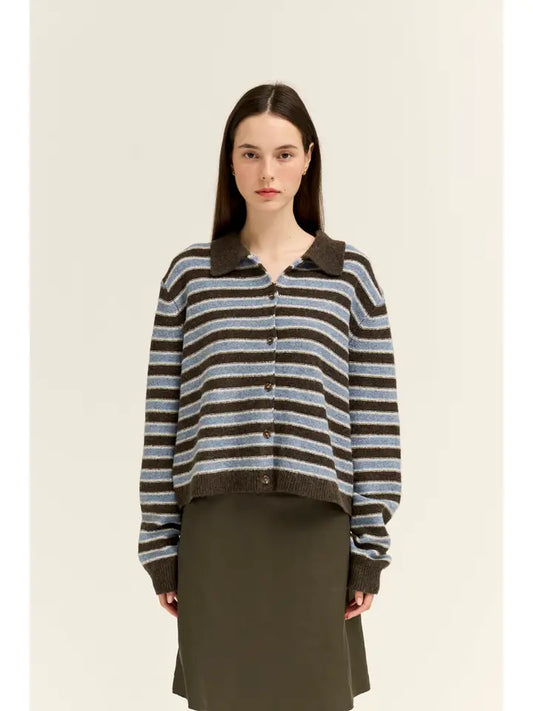 Grade + Gather - Stripe Collared Cardigan - Chocolate Blue