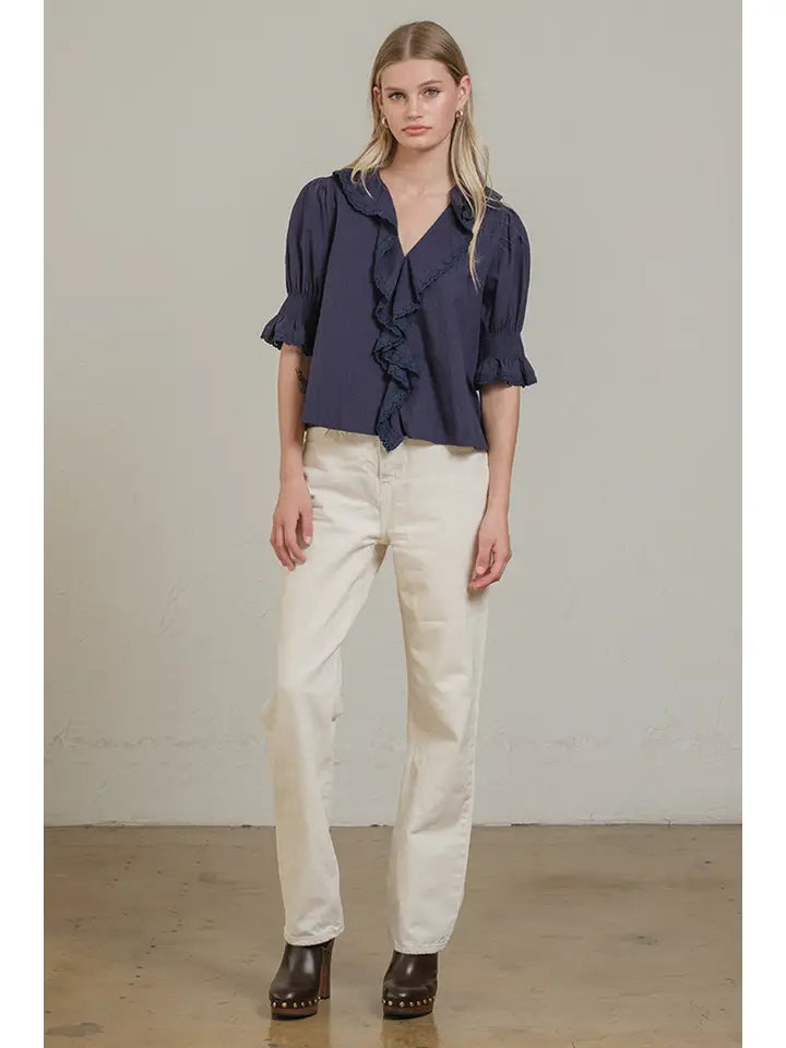 Ruffle Trim Lace Detail Blouse - Navy