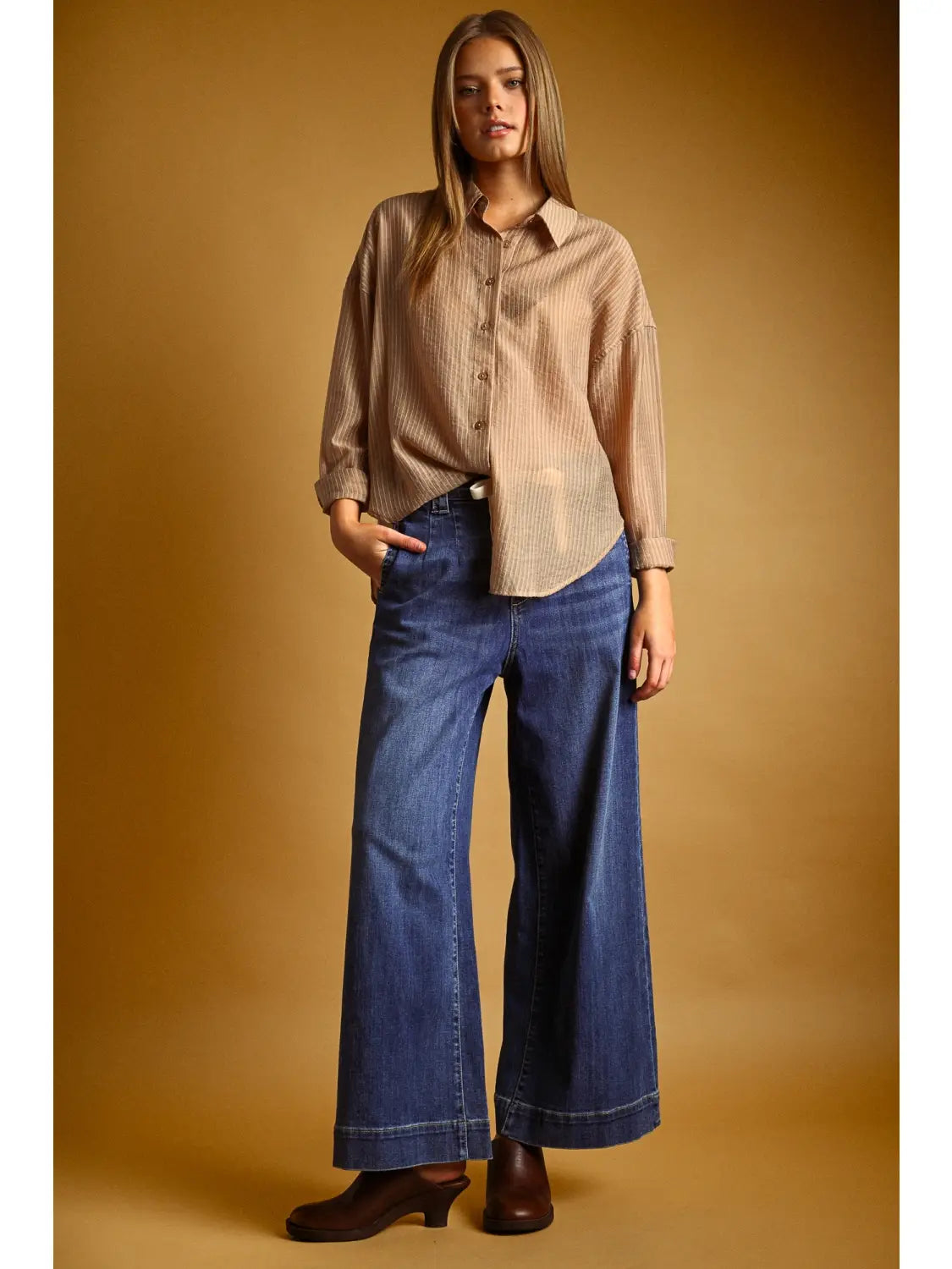 Pin Striped Sheer Button Front - Mocha