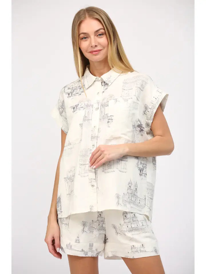 Women's Short Sleeve Short Set - Scenic Print