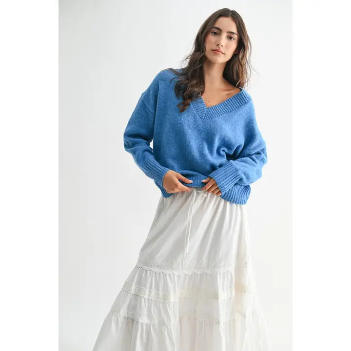 V-Neck Knit Sweater - Blue