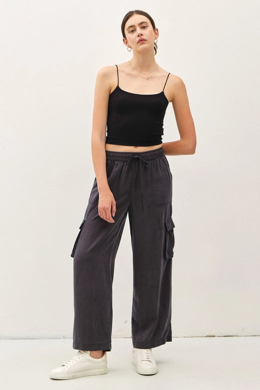 High Rise Drawstring Wide Leg Cargo - Charcoal