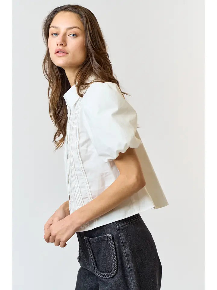 Puff Sleeve Pintuck Collared Shirt - Ivory