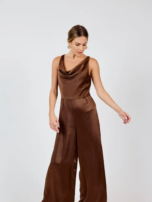 Warm Tea Cowl Neck Jumpsuit - Chocolate