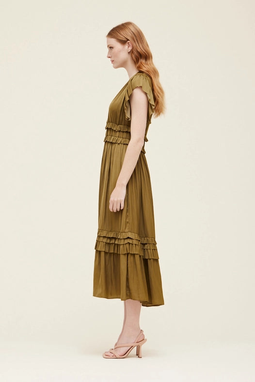 Grade + Gather - Ruffle Satin V-Neck Dress - Moss