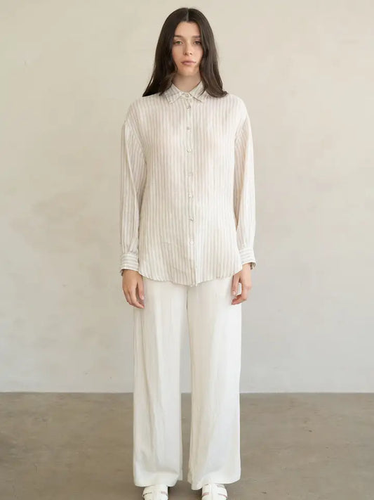 Striped Button Down Top - Beige Stripe