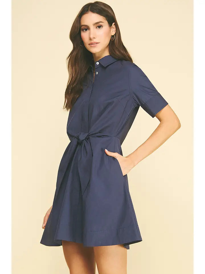 Tie-Front Button Down Mini Dress - Navy