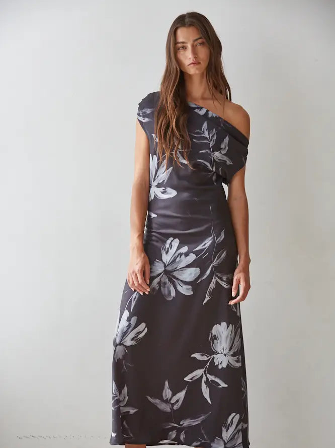 Woven Floral Print Cowl Neck Sleeveless Flare MIdi Dress - Black Grey