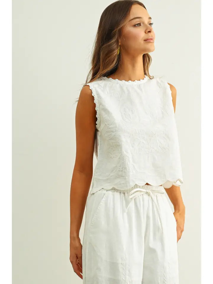 Embroidery Sleeveless Top - Off White