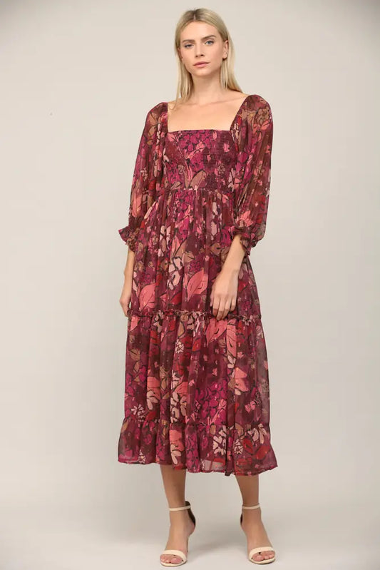 Chiffon Smocked Midi Dress - Wine Multi