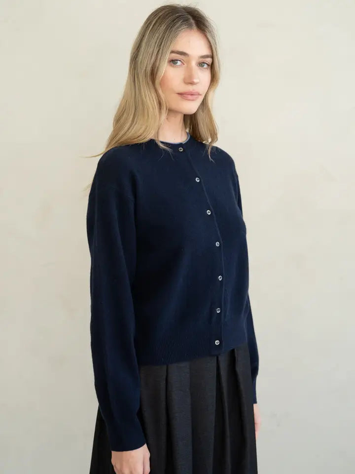 Timeless Contrast Neck Cardigan - Navy