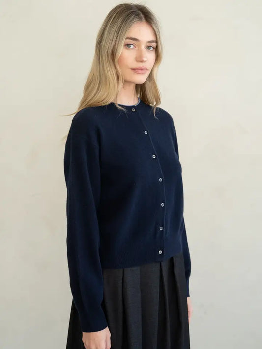 Timeless Contrast Neck Cardigan - Navy
