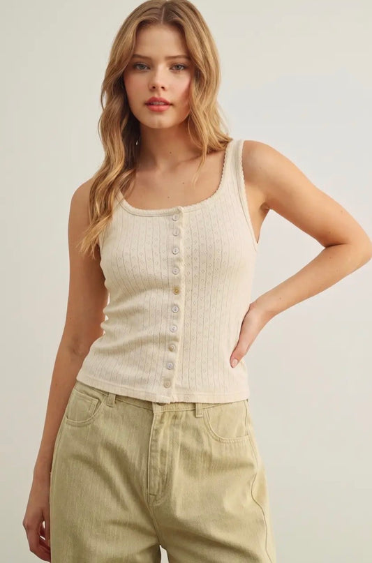 Pointelle Fabric Button Front Tank Top - Custard