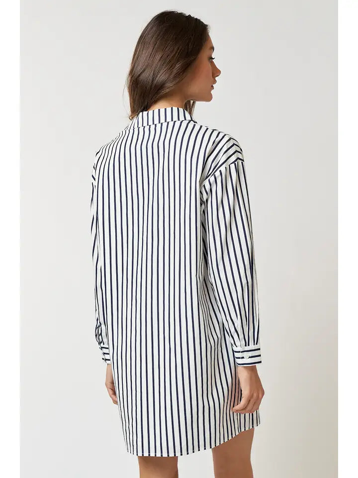 Striped Collar Button Up Shirt Dress - Off White + Navy