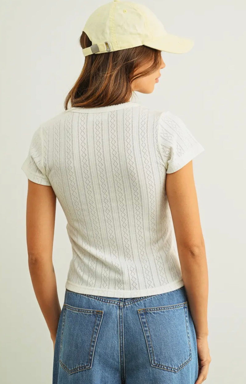 Pointelle Short Sleeve Top - White