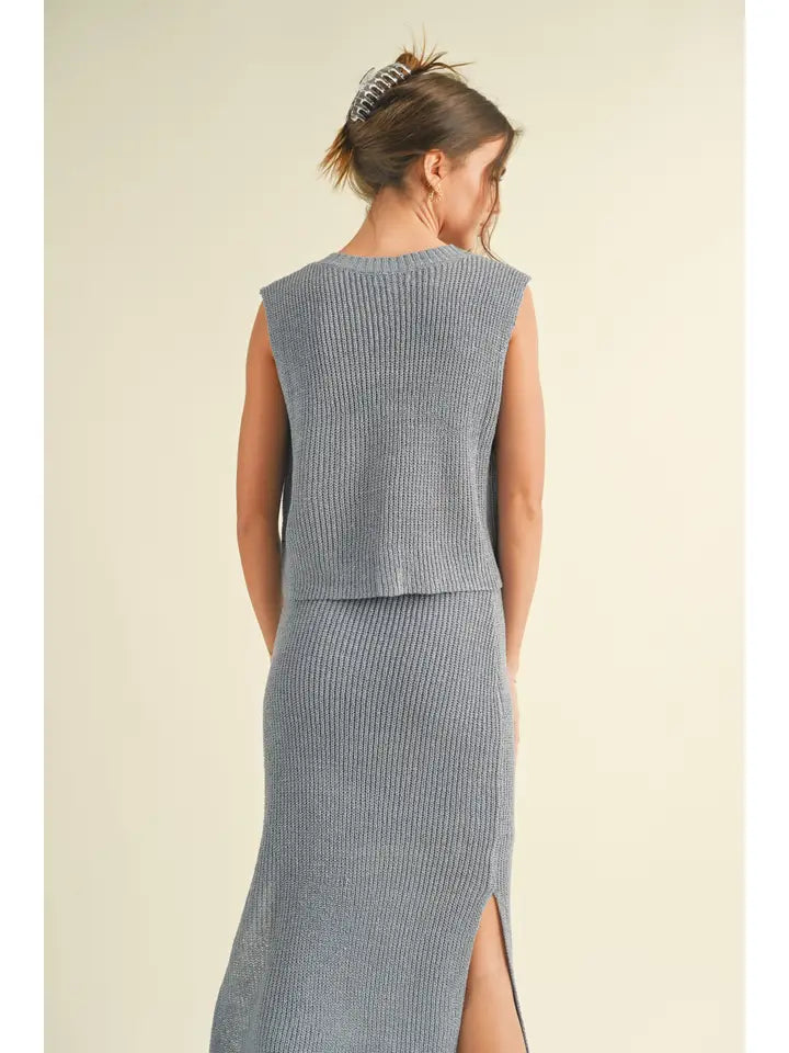 Knitted Midi Skirt and Vest - Blue