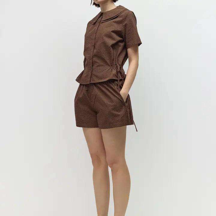 Plaid Elastic Waist Shorts - Brown & Navy