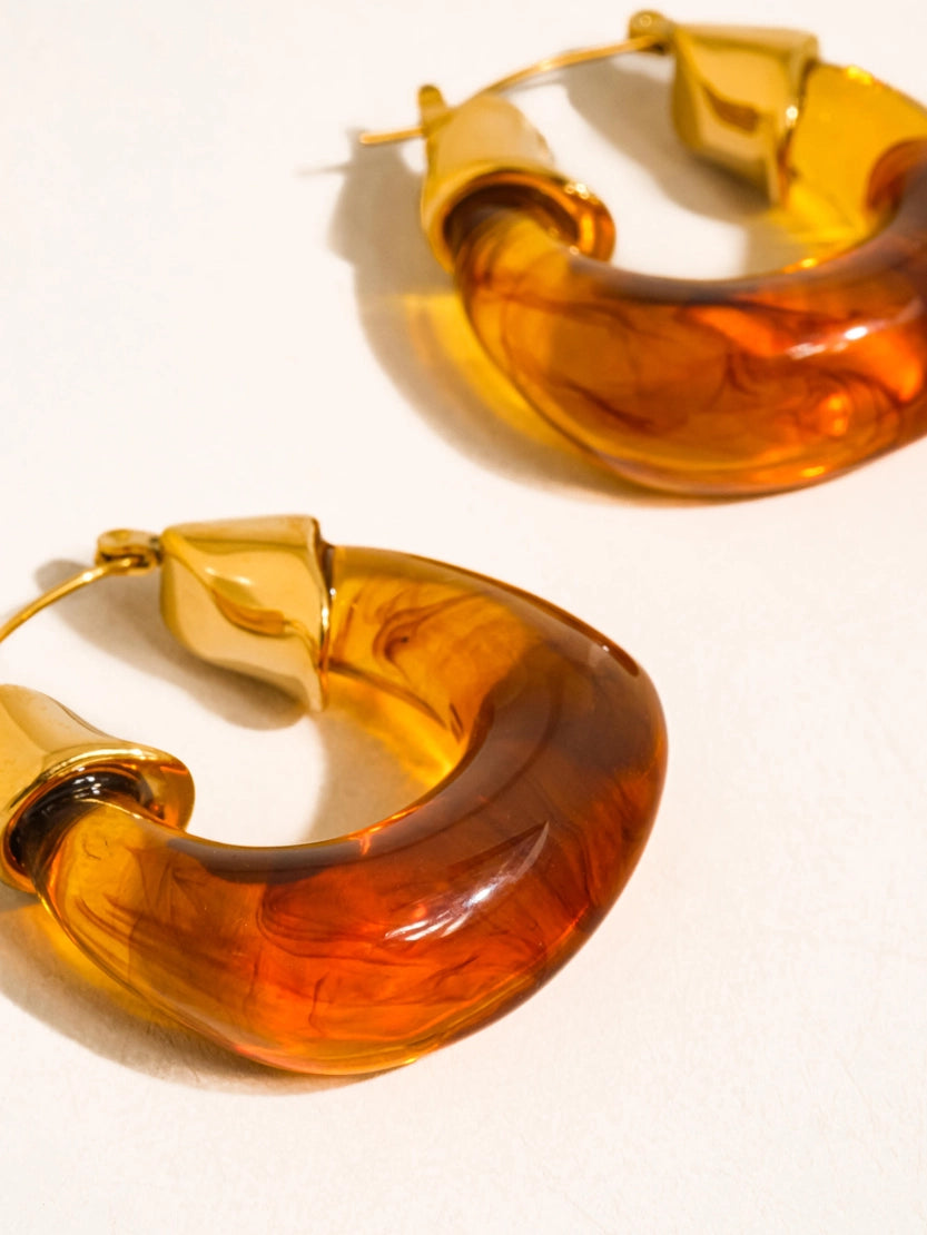 Arlowe 18K Gold Non-Tarnish Resin Hoop Earrings - Brown