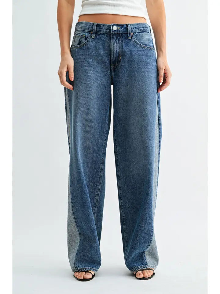 Contrast Angle Seam Wide Leg - Medium Denim