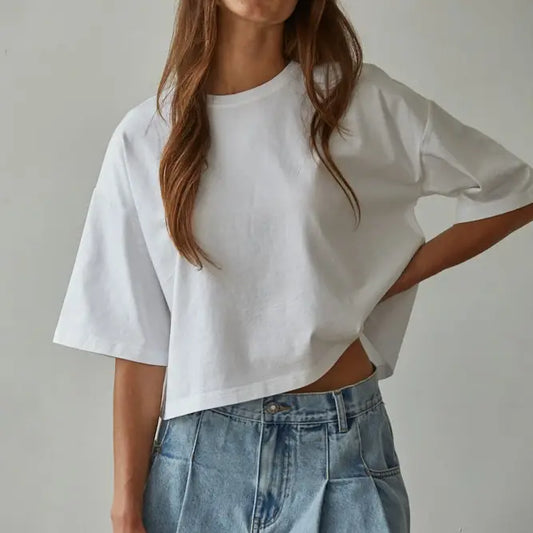 Cotton Crew Neck Short Sleeve Tee - White