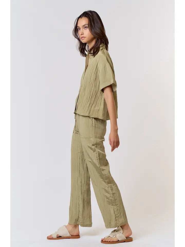 Crinkle Button Down Shirt with Pants Set - Olive