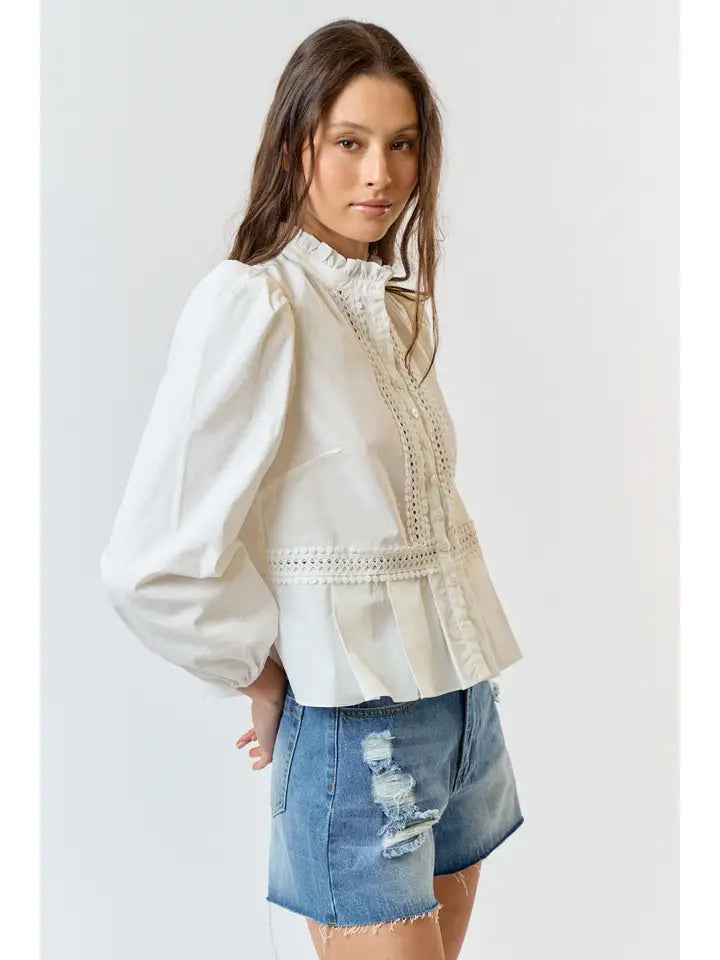 Ruffle Neck Puff Sleeve Button Down Blouse - White