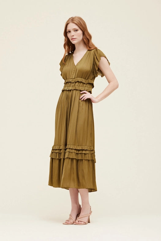 Grade + Gather - Ruffle Satin V-Neck Dress - Moss