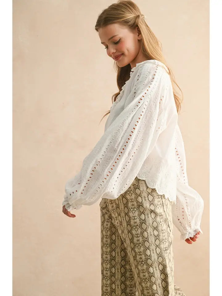 Embroidery Detail Long Sleeve Blouse - White