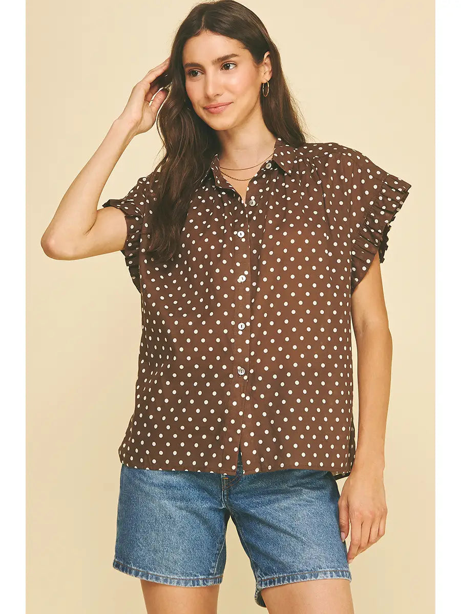 Ruffled Sleeve Shirt - Chocolate Polka Dot