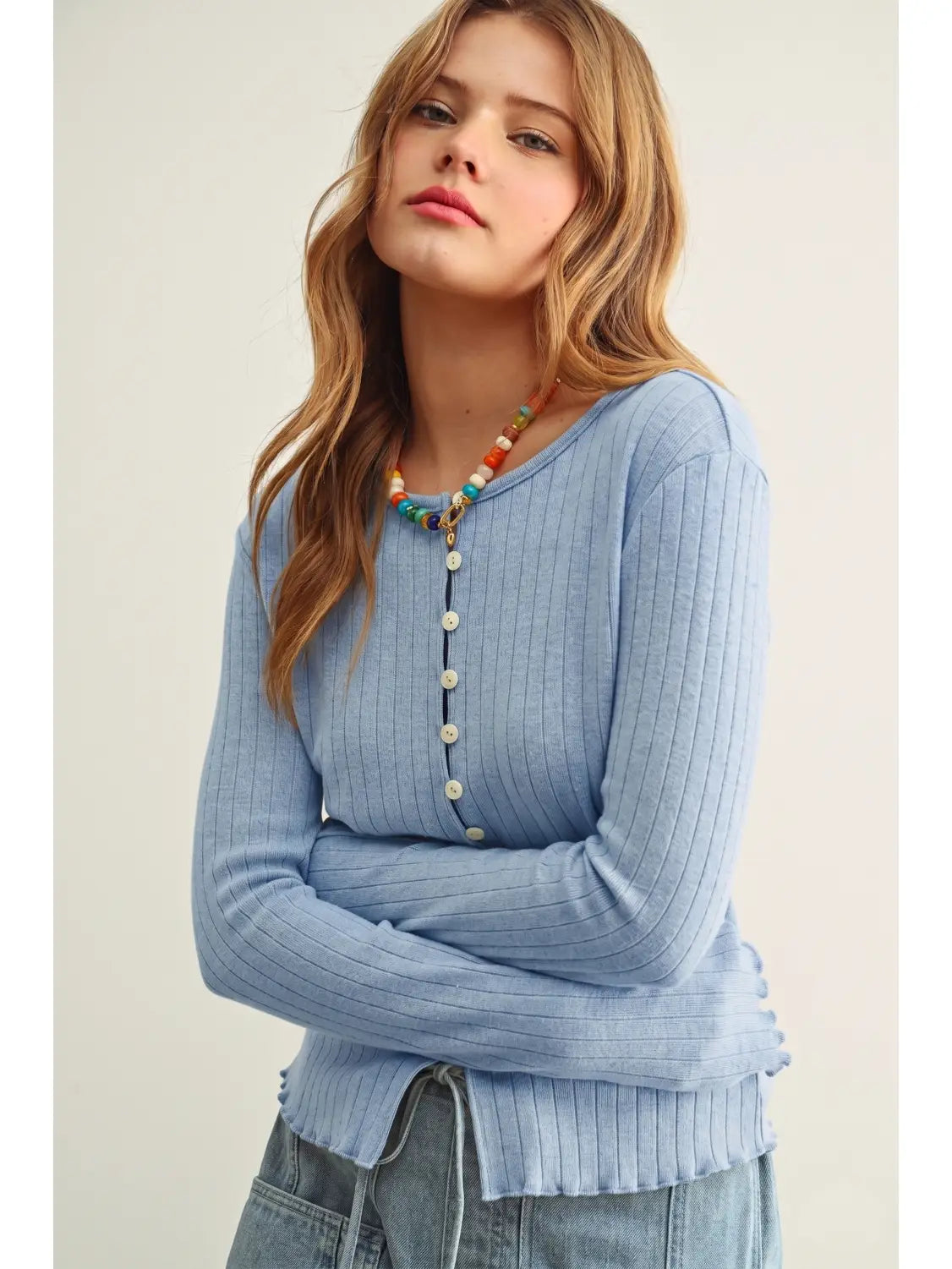 Button Front Ribbed Long Sleeve Knitted Top - Blue
