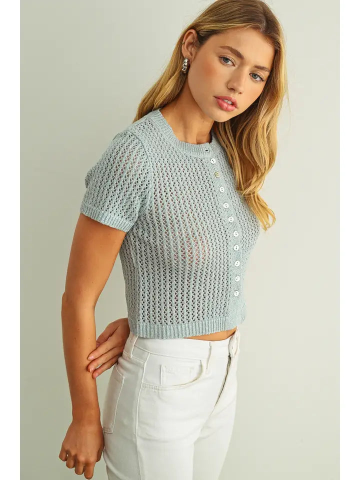 Button Front Short Sleeve Knit Top - Aqua Grey