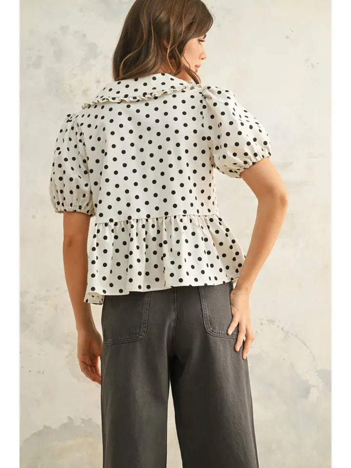 Polka Dot Print Linen Blouse - Oatmeal