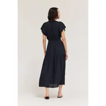 Grade + Gather - Ruffle Satin Midi Dress - Midnight