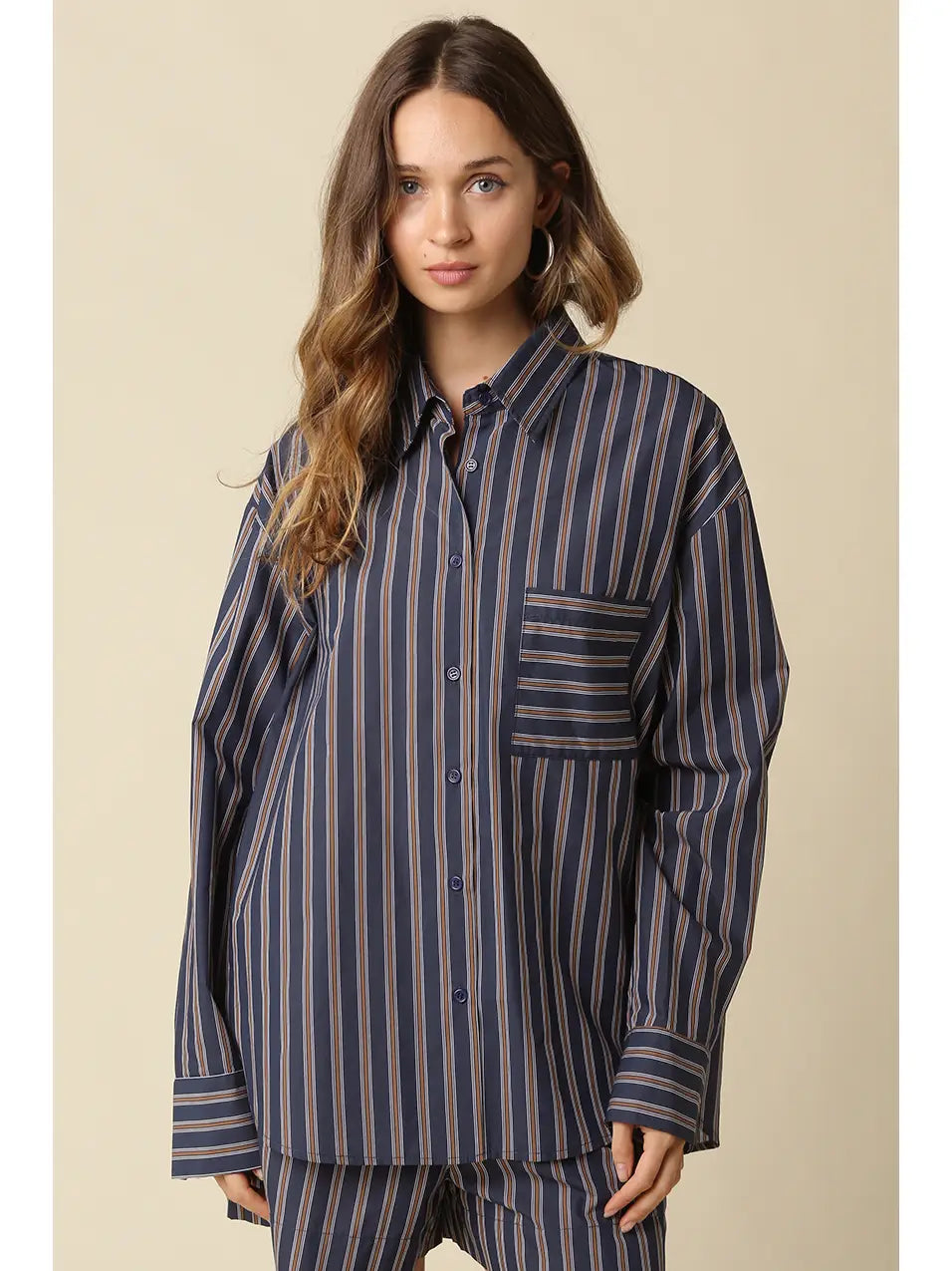 Hunter Striped Oversized Shirt - Navy Brown