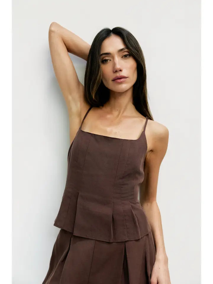 Pleated Linen Tank - Brown