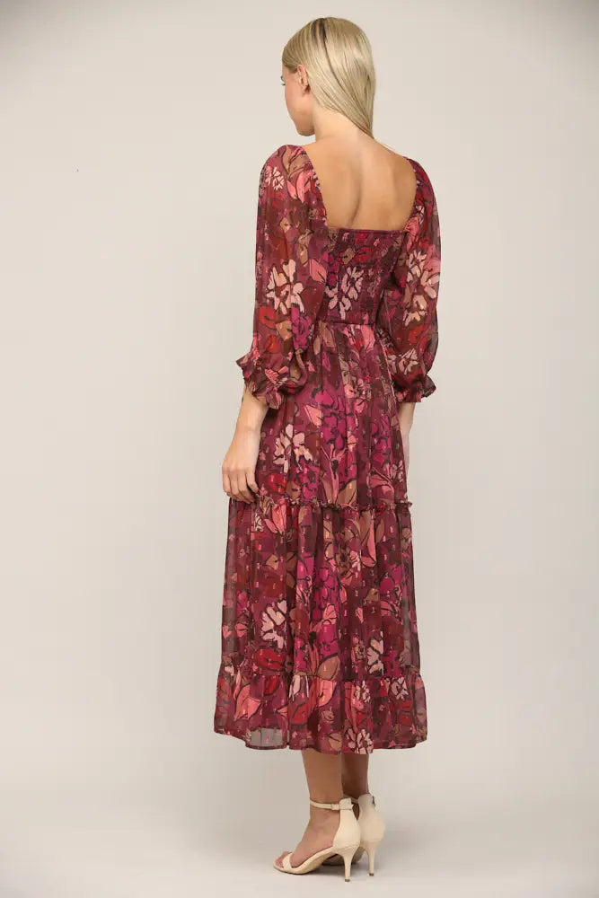 Chiffon Smocked Midi Dress - Wine Multi