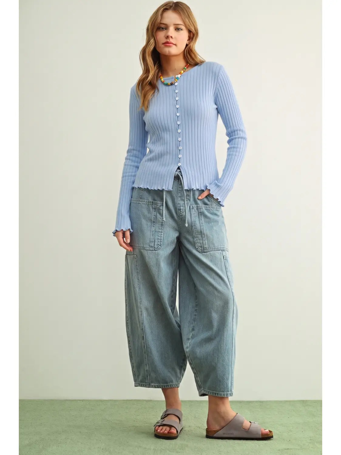 Button Front Ribbed Long Sleeve Knitted Top - Blue