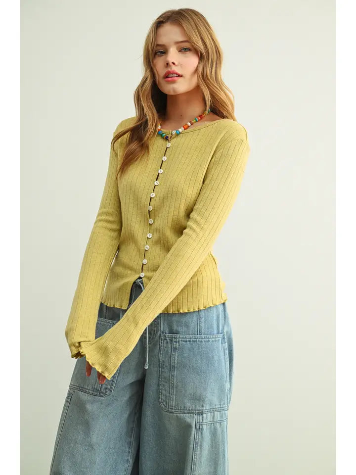 Button Front Ribbed Long Sleeve Knitted Top - Green Fig