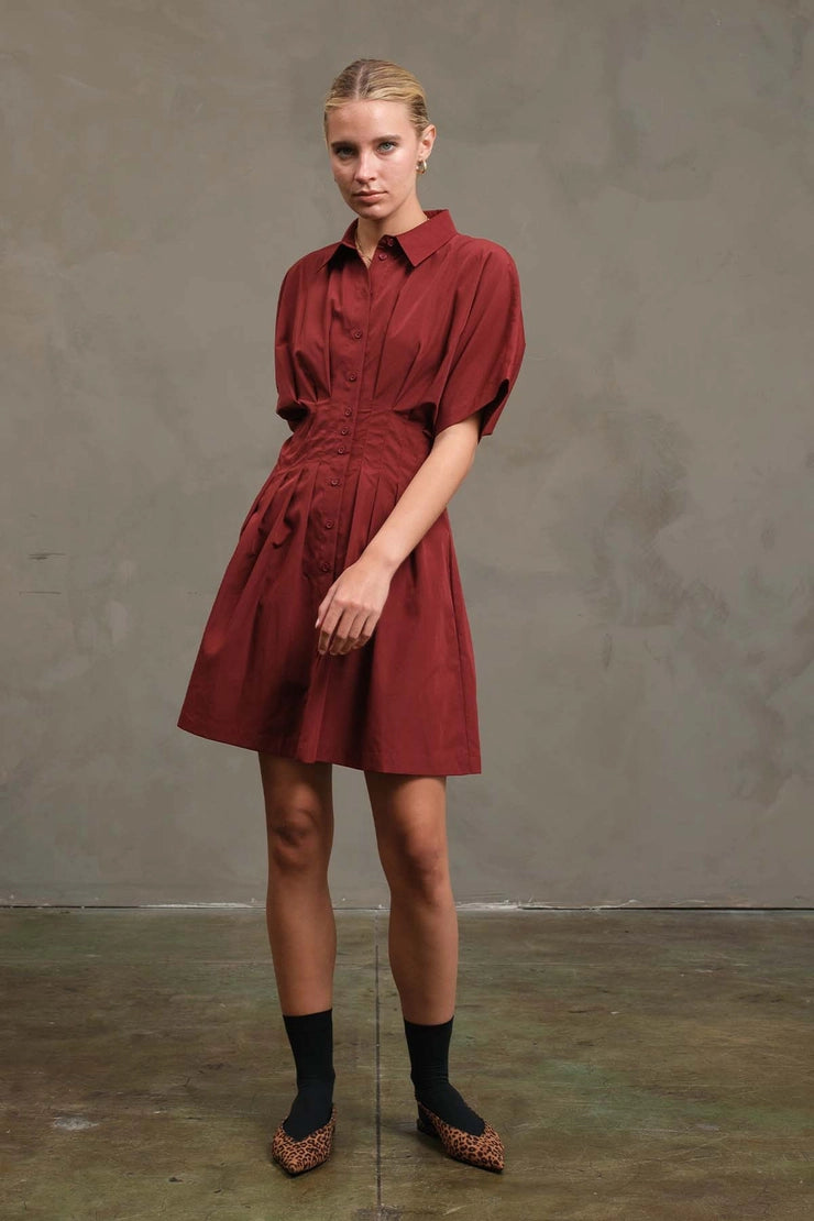 Wide Pintuck Shirt Dress - Burgundy