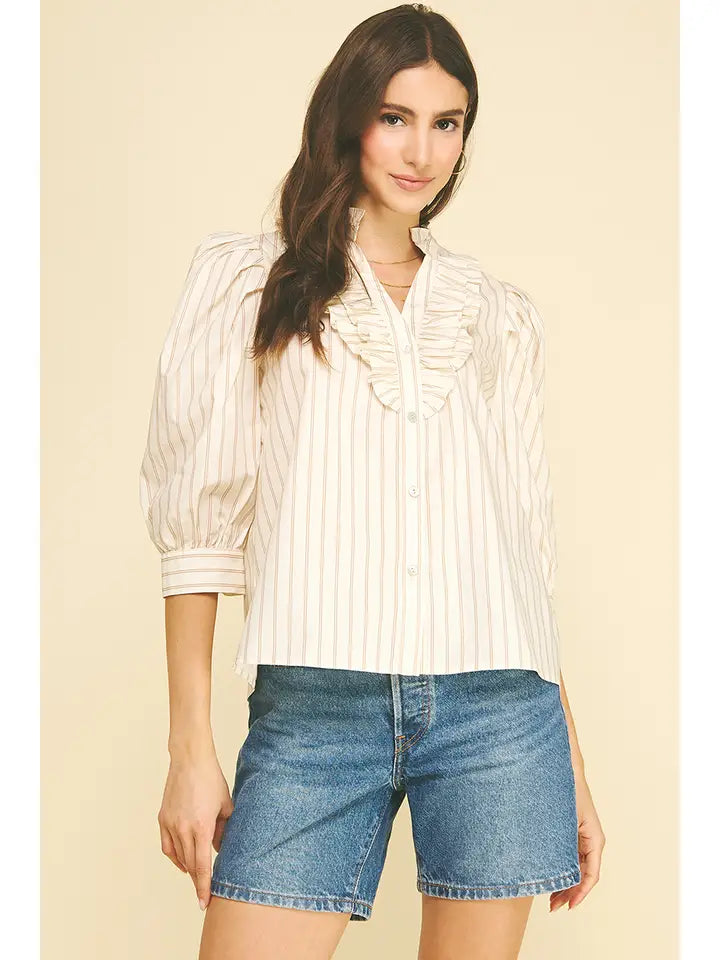 Striped Ruffle Collar Puff Sleeve Blouse - Cream + Taupe