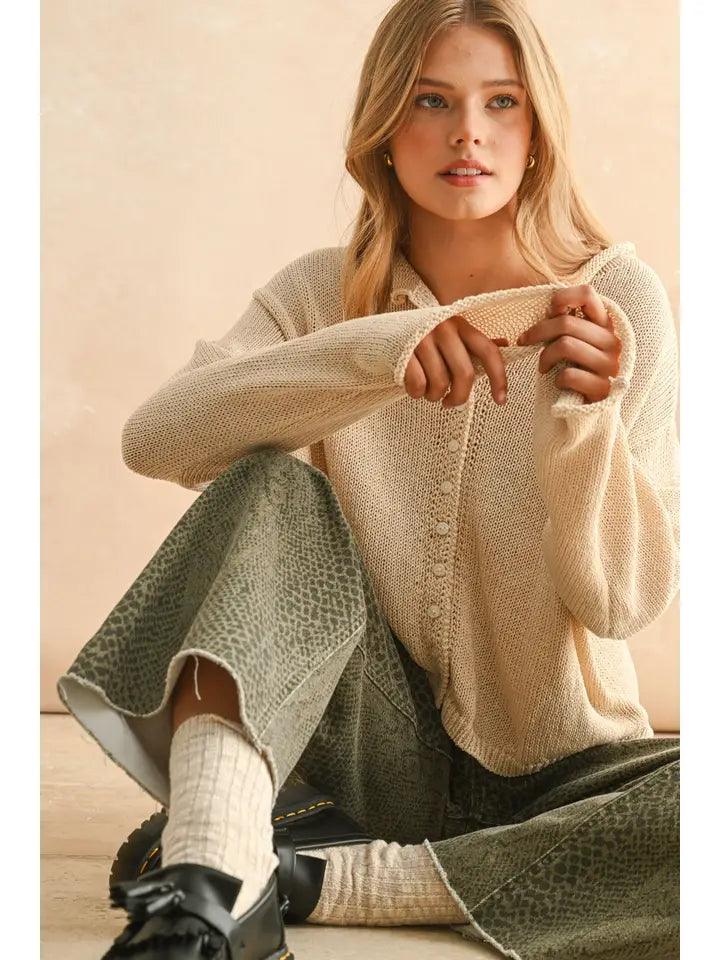 Light Weight Button Front Cardigan - Cream