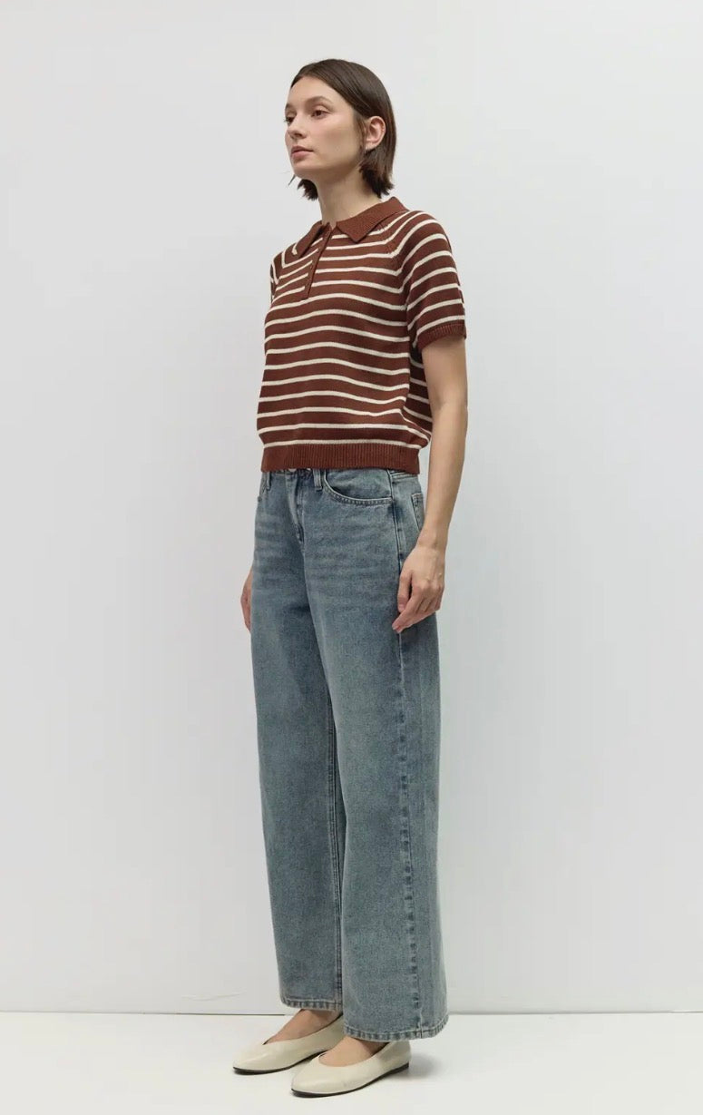 Short Sleeve Polo Sweater - Chocolate Stripe