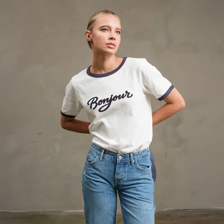 Bonjour Contrast Ringer Tee - White & Navy